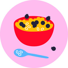 Vector breakfast cereal in bowl filled with berries. Abstract flat cereal bowl icon. Breakfast icon. Still life banner. Healthy breakfast illustration for social media, postcards, print. EPS 10.