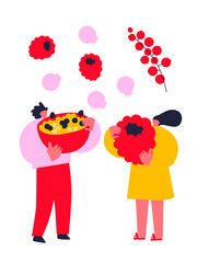 Tiny people and fruits cartoon vector illustration. Healthy eating, cooking vegetarian food and dieting concept. People and berries, summer harvest. Summer time.