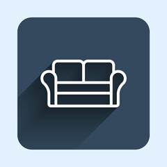 White line Sofa icon isolated with long shadow background. Blue square button. Vector