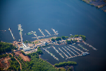 One of the largest boat stations in the city of Samara. Aerial photo. Samara, Russia.