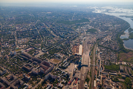 Samara railway station, square in front of the station. Aerial photo. Samara, Russia.