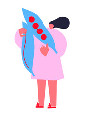 Vector illustration with young woman holding huge peas. Vegetables lover concept. Funny colored typography poster, apparel print design, bar menu decoration. Isolated. EPS 10.