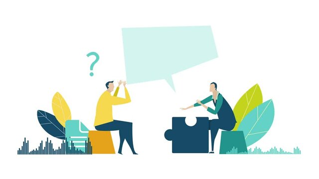 Two business people talking, negotiating the deal, making decisions. Two man and speech bubble for your text. 4K animation