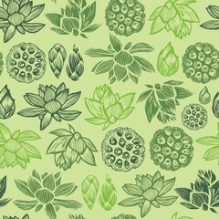 Vector green rows of lotus flower, leaf and seed pods 07 repeat pattern. Suitable for textile, gift wrap and wallpaper.