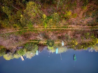 Boats in the Arbon reservoir in Asturias.