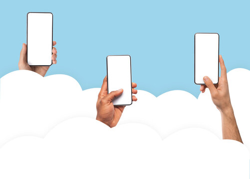 Global Communication. Male hands holding using smartphone with blank screen