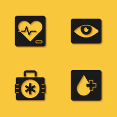 Set Heart rate, Blood test, First aid kit and Red eye effect icon with long shadow. Vector