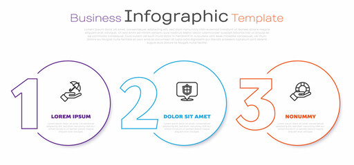 Set line Umbrella in hand, Location shield and Lifebuoy. Business infographic template. Vector