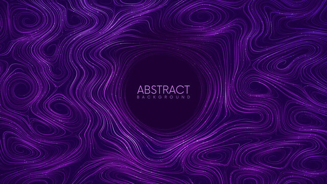 Abstract Background With Fantasy Magic Curled Purple Lines And Sparkles. Futuristic Liquid Dynamic Flow Of Glowing Swirling Lines With Place For You Content. Vector Illustration