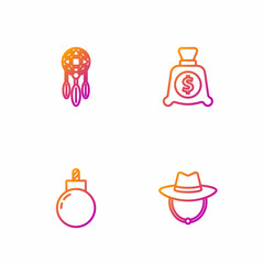 Set line Western cowboy hat, Bomb ready to explode, Dream catcher with feathers and Money bag. Gradient color icons. Vector