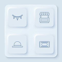 Set line Carnival garland with flags, Fast street food cart, Clown hat and Circus ticket. White square button. Vector