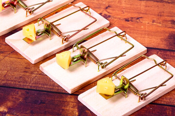 Four mousetraps baited with cheese, Mice infestation concept