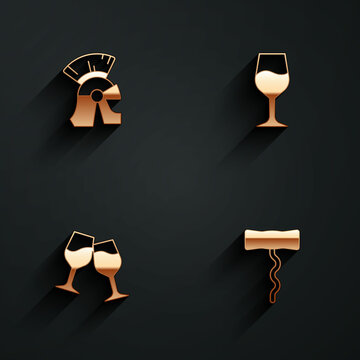 Set Roman army helmet, Wine glass, and corkscrew icon with long shadow. Vector