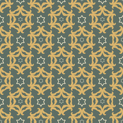 Background pattern with decorative floral and geometric elements on a green background. Fabric texture swatch, seamless wallpaper. Vector illustration