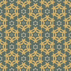 Background pattern with decorative floral and geometric elements on a green background. Fabric texture swatch, seamless wallpaper. Vector illustration