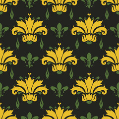 Background pattern with decorative flowers on black background. Vector illustration for your design projects, seamless pattern, wallpaper textures with flat design.