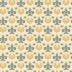 Abstract background pattern with decorative floral ornament on beige background. Seamless fabric texture, wallpaper. Flat design. Vector illustration