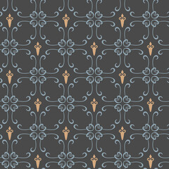 Background pattern with decorative ornaments on a dark background in vintage style. Fabric texture swatch, seamless wallpaper. Vector illustration