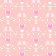 Romantic background pattern with hearts on pink background. Seamless fabric texture, wallpaper. Flat design. Vector illustration