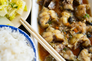 angle view fast food of steamed Tang Yu with cabbage and rice horizontal composition