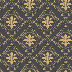 Background pattern with gold decorative ornament on brown background. Seamless fabric texture, wallpaper. Flat design. Vector illustration