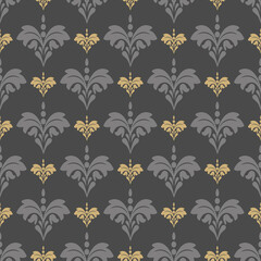 Background pattern with decorative floral ornament on brown background. Seamless fabric texture, wallpaper. Flat design. Vector illustration