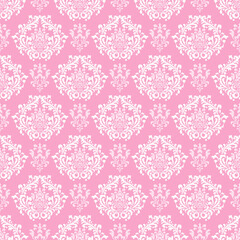 Beautiful background with floral decorative ornament on a light pink background. Seamless fabric texture, wallpaper background. Flat design. Vector illustration