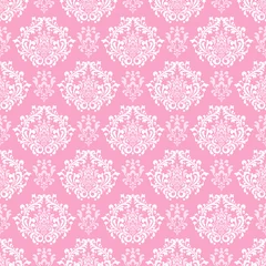 Schilderijen op glas Beautiful background with floral decorative ornament on a light pink background. Seamless fabric texture, wallpaper background. Flat design. Vector illustration © PETR BABKIN