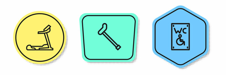 Set line Treadmill machine, Walking stick cane and Separated toilet for disabled. Colored shapes. Vector