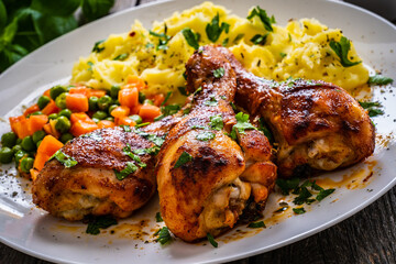Barbecue chicken drumsticks with potato puree, grean peas and carrot on wooden table

