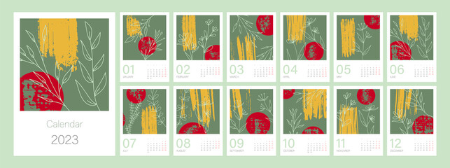 Botanical calendar template for 2023. Vertical design with abstract natural floral branch. Editable illustration page template A4, A3, set of 12 months with cover. Vector mesh. Week starts on Monday.