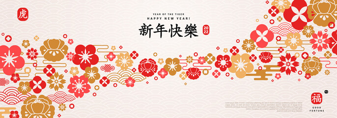 Chinese 2022 Header Banner with Abstract Pattern. Vector illustration. Flowers Decorative Border Wave on Bright Background. Hieroglyph Translation: Tiger, Happy New Year, Blessing. Place for text