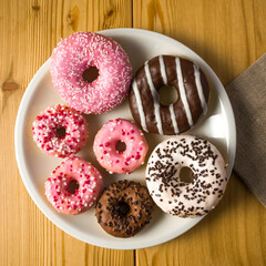 plate with various flavors donuts over wooden table. top view