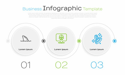 Set line Shark fin in ocean wave, Skull and Pirate coin. Business infographic template. Vector