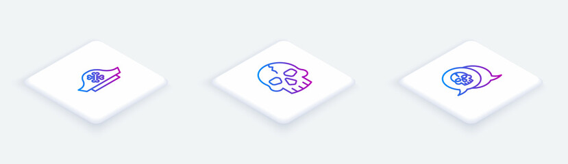 Set Isometric line Pirate hat, Skull and . White square button. Vector