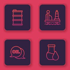 Set line Barrel oil, Word, Oil platform in the sea and petrol test tube. Blue square button. Vector