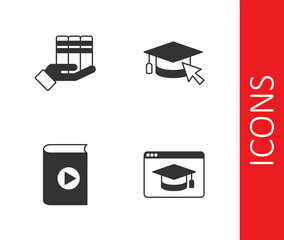 Set Online education, Book donation, Audio book and Graduation cap with cursor icon. Vector