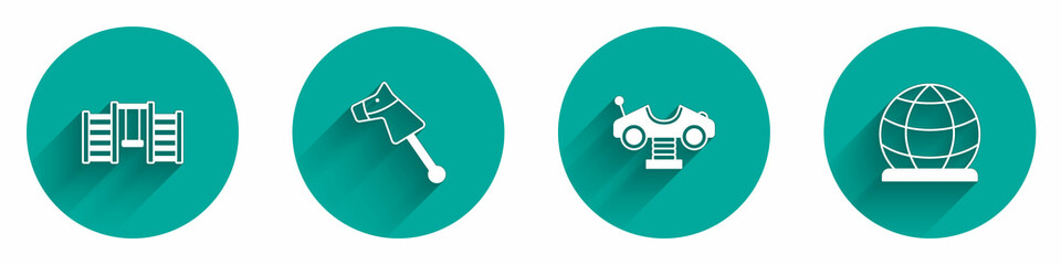 Set Swedish wall, Toy horse, Swing car and Playground climbing equipment icon with long shadow. Vector