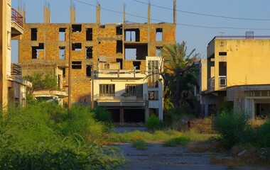 Fototapeta premium Varosha, once famous beach resort destination is now spooky ghost town, now only with few tourist and restricted beach .12.07.2021 Famagusta, Northern Cyprus