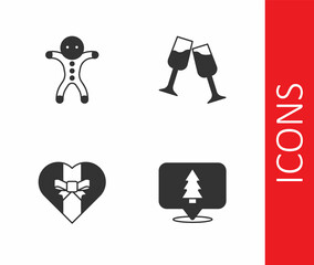 Set Christmas tree, Holiday gingerbread man cookie, Gift box and Glass of champagne icon. Vector