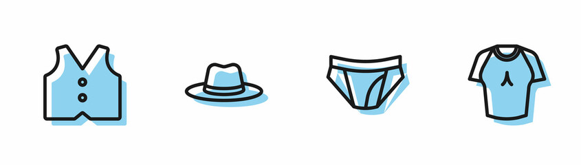 Set line Men underpants, Waistcoat, Man hat and T-shirt icon. Vector