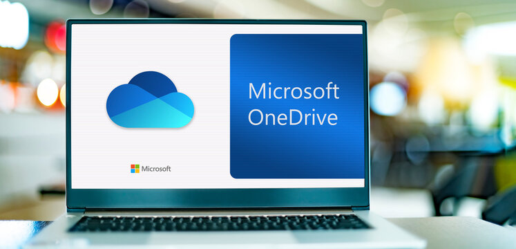 Laptop computer displaying logo of Microsoft OneDrive