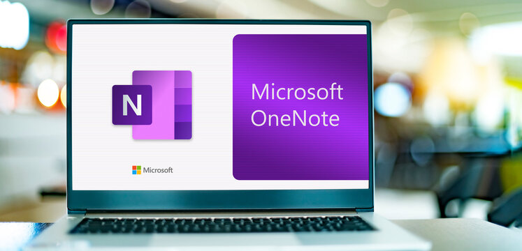 Laptop computer displaying logo of Microsoft OneNote