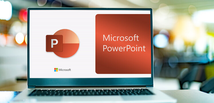 Laptop computer displaying logo of Microsoft PowerPoint