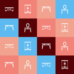 Set pop art TV table stand, Wardrobe, Office desk and Dressing icon. Vector