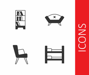 Set Bunk bed, Library bookshelf, Armchair and Sofa icon. Vector