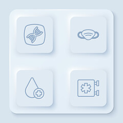 Set line DNA symbol, Medical protective mask, Donate drop blood and Emergency - Star of Life. White square button. Vector