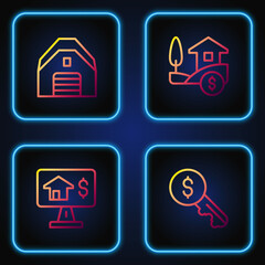 Set line Rent key, Online real estate, Garage and House with dollar. Gradient color icons. Vector