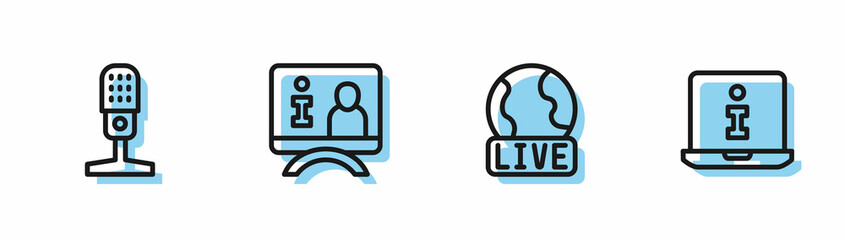 Set line Live report, Microphone, Television and Information icon. Vector