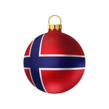 National Christmas ball. Fur- tree classic round toy on white background. Norway